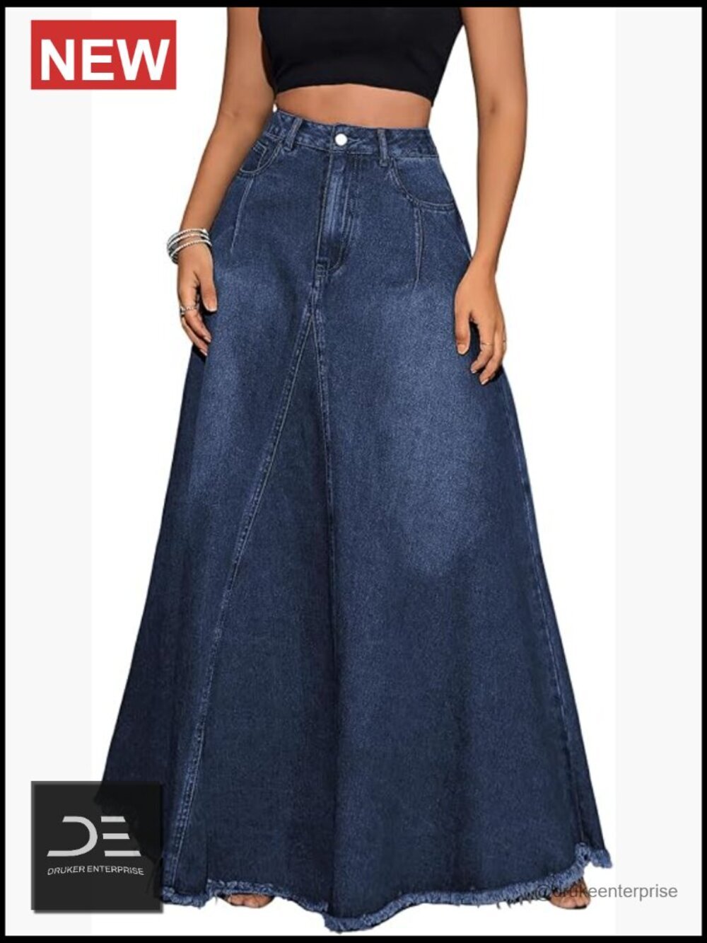 High Waist Distressed Frayed Hem A Line Maxi Denim Skirt with Pockets